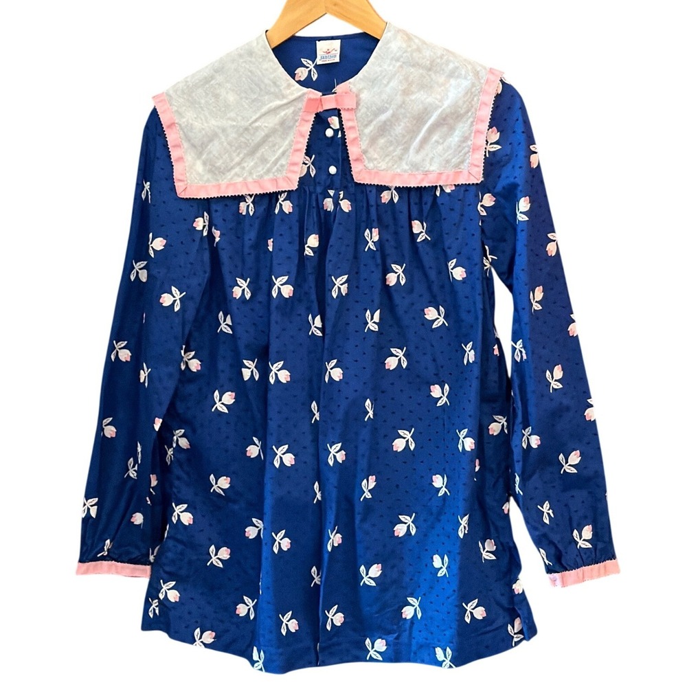 Vintage Jantzen Floral Blouse Cottagecore Coquette Sailor Collar Navy Blue M